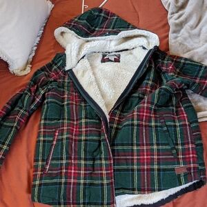 L.L. Bean Red and Green Plaid women's Sherpa flannel zip up Jacket